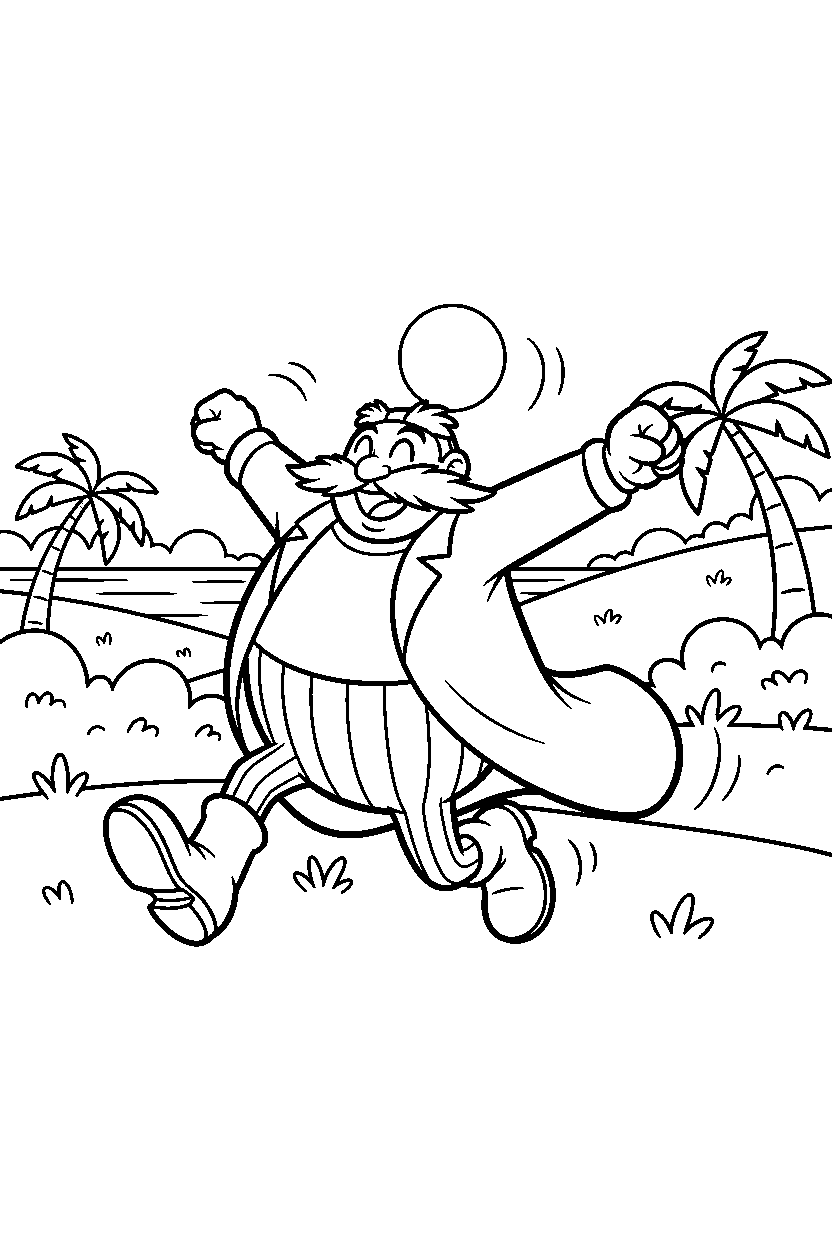 dr eggman running happily in a bright coastal field line art