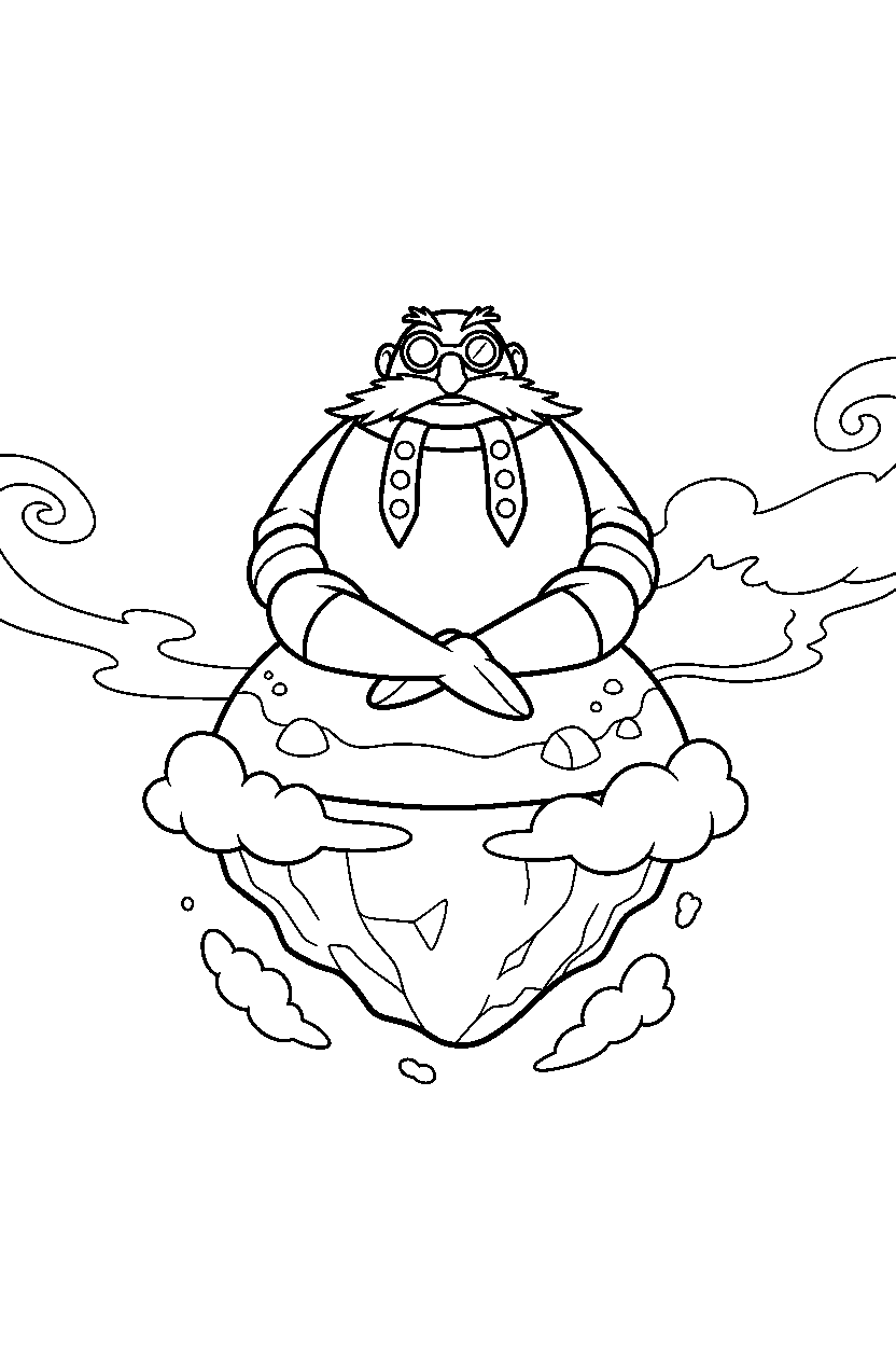 dr eggman sitting peacefully on a floating island line art