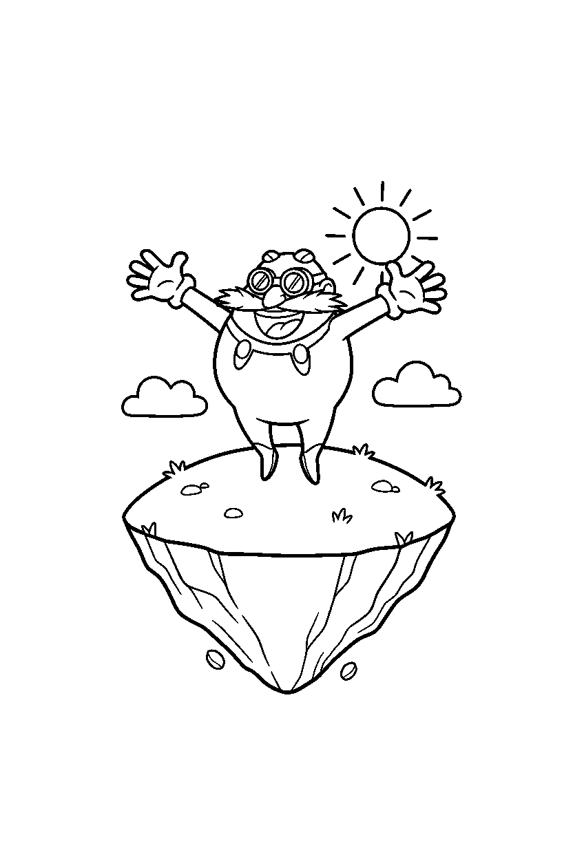 dr eggman smiling happily on a floating hilltop line art