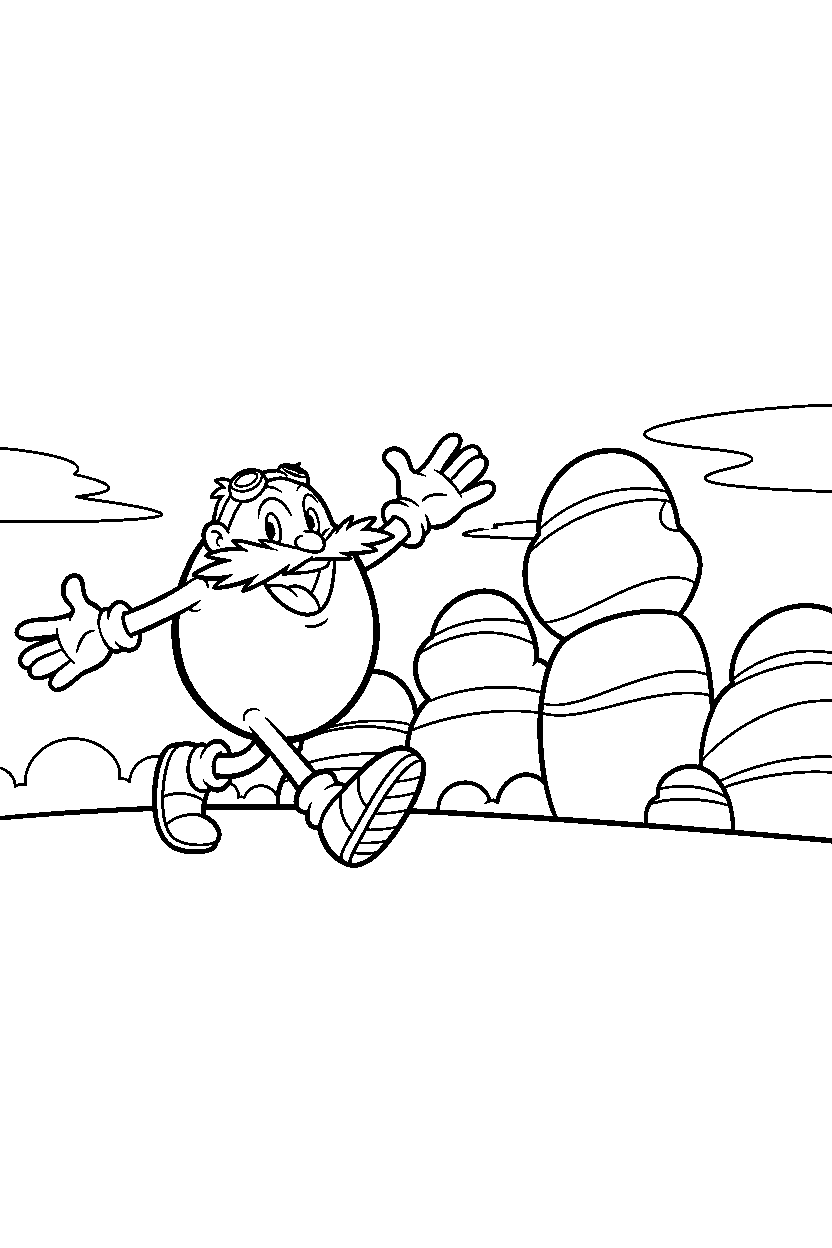 dr eggman walking happily near colorful rock hills line art