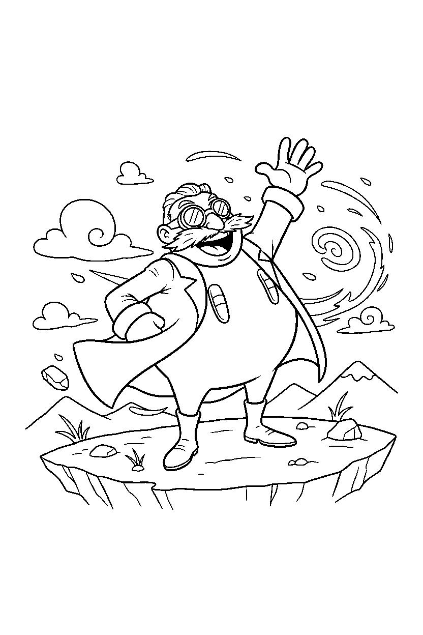 dr eggman waving happily on a windy plateau line art