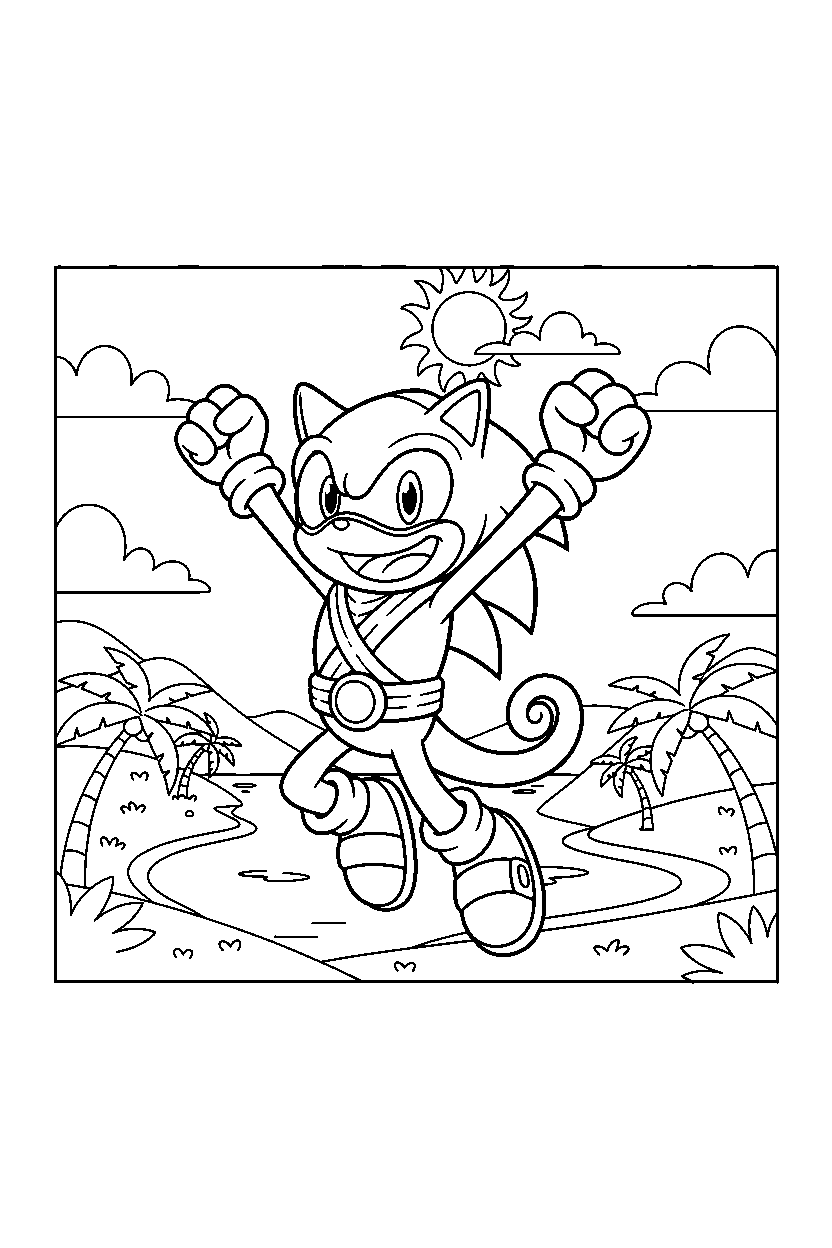 espio the chameleon from sonic the hedgehog series celebrating happily in a warm coastal valley line art
