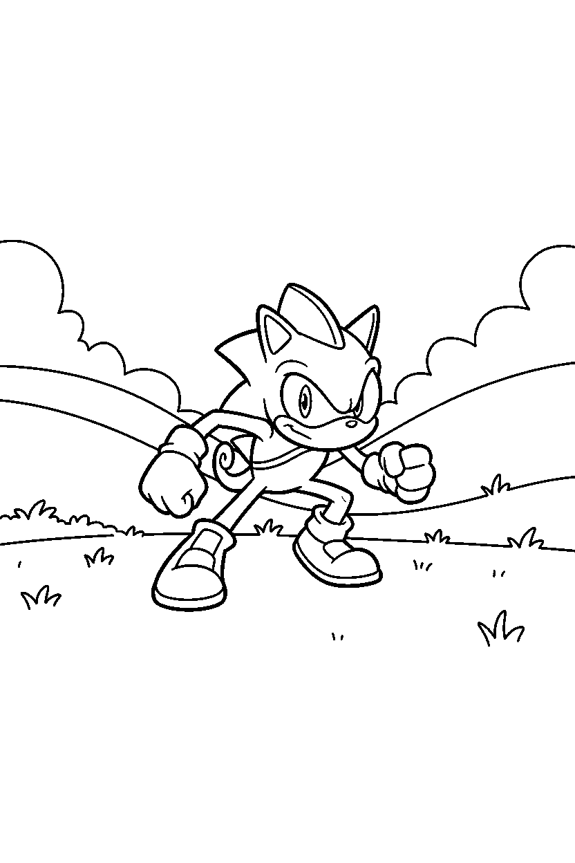 espio the chameleon from sonic the hedgehog series getting ready to run in a grassy valley line art