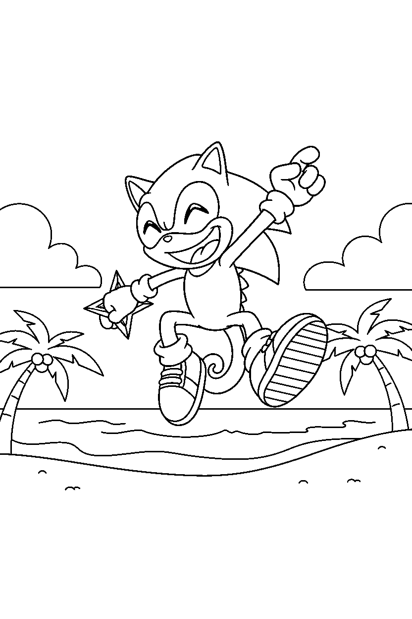espio the chameleon from sonic the hedgehog series jumping with joy on a beach line art