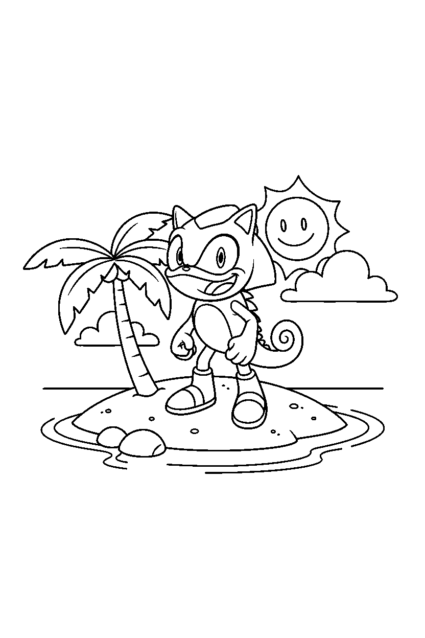 espio the chameleon from sonic the hedgehog series looking happy on a bright island line art
