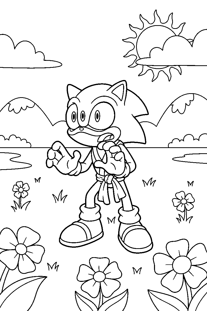 espio the chameleon from sonic the hedgehog series looking surprised in a wide open field line art
