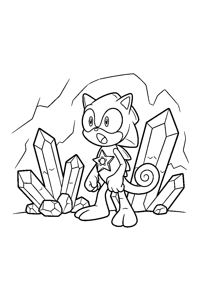 espio the chameleon from sonic the hedgehog series looking surprised near crystal rocks line art
