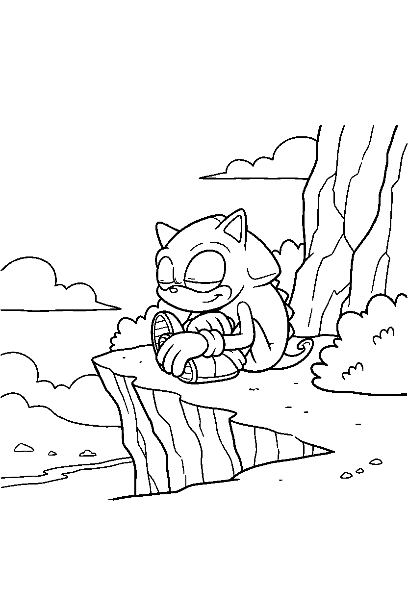 espio the chameleon from sonic the hedgehog series resting peacefully near a cliffside line art