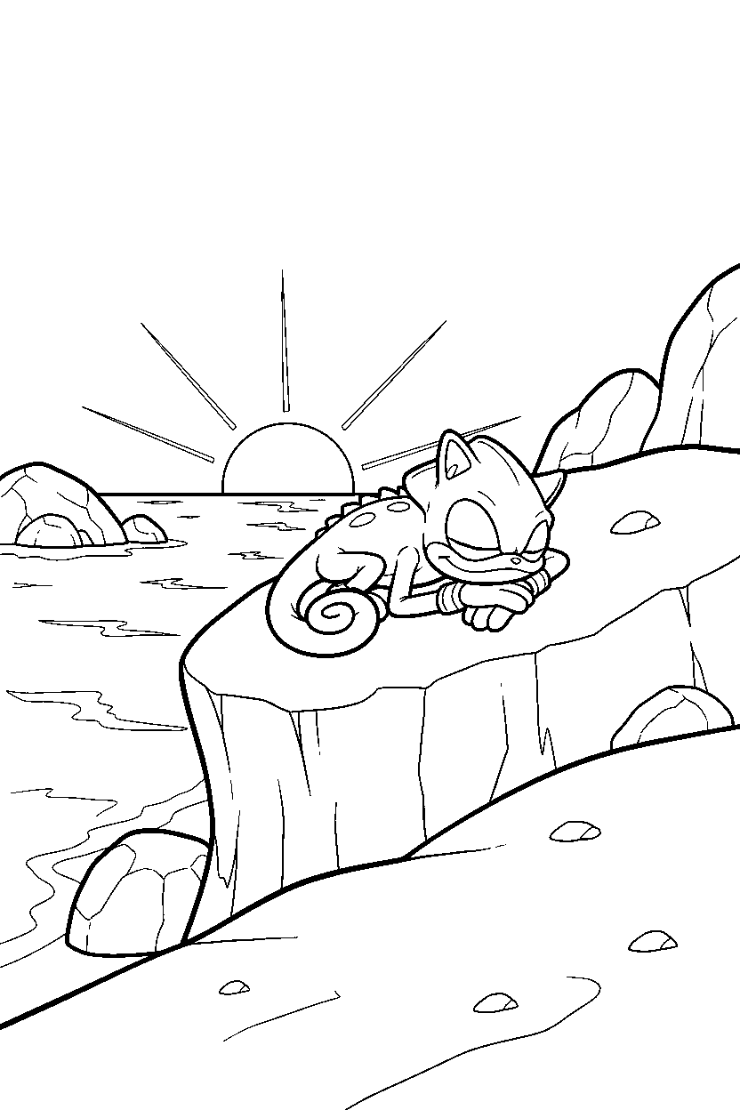 espio the chameleon from sonic the hedgehog series resting peacefully on a rocky coast line art