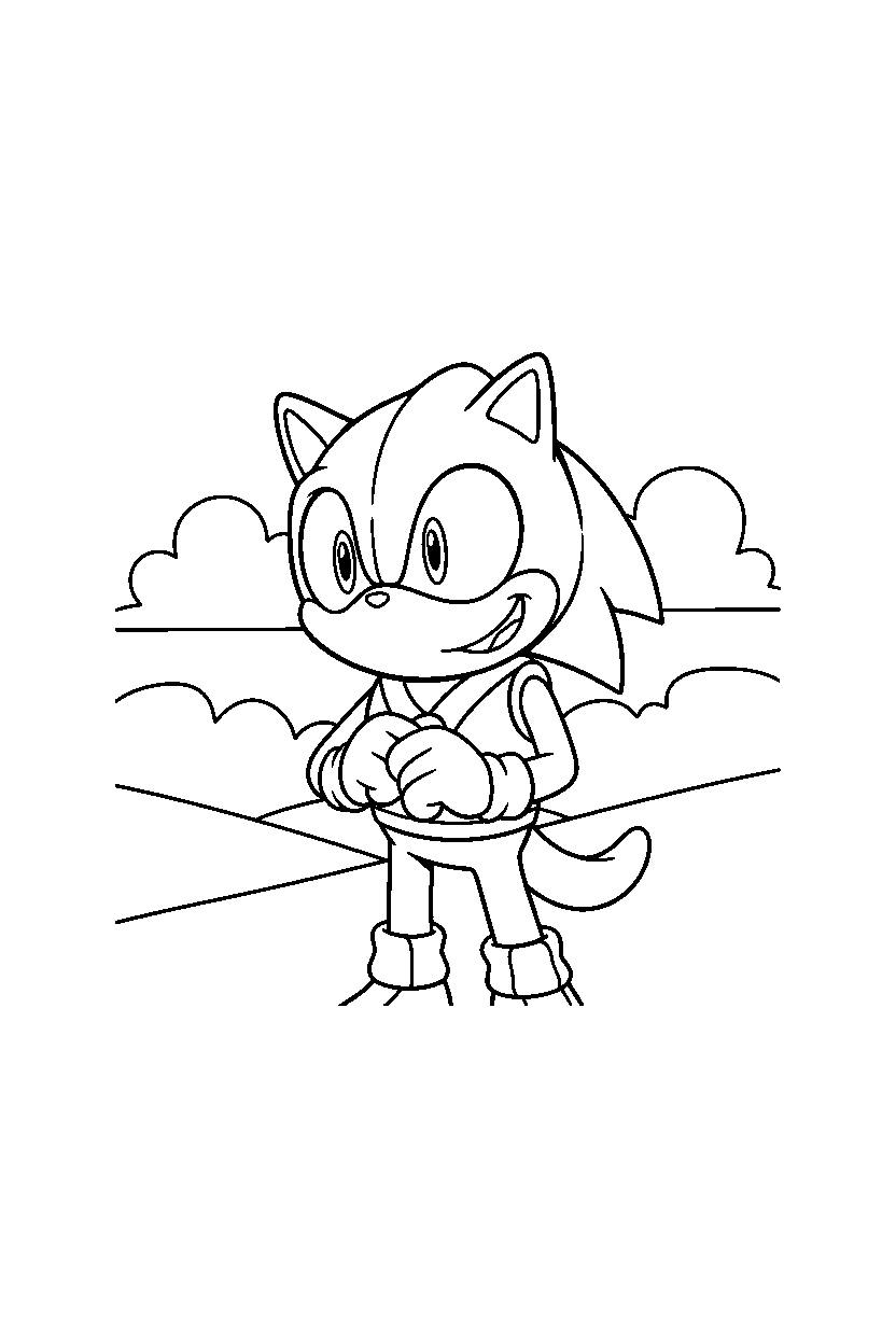 espio the chameleon from sonic the hedgehog series smiling happily near rolling hills line art