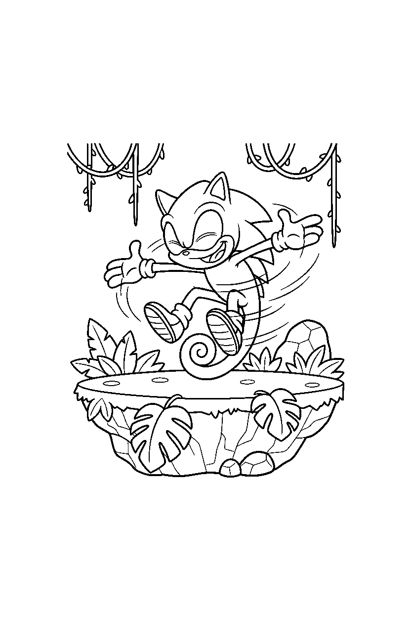 espio the chameleon from sonic the hedgehog series spinning happily on a jungle plateau line art