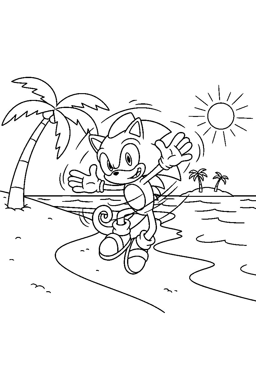 espio the chameleon from sonic the hedgehog series spinning happily on a tropical coast line art