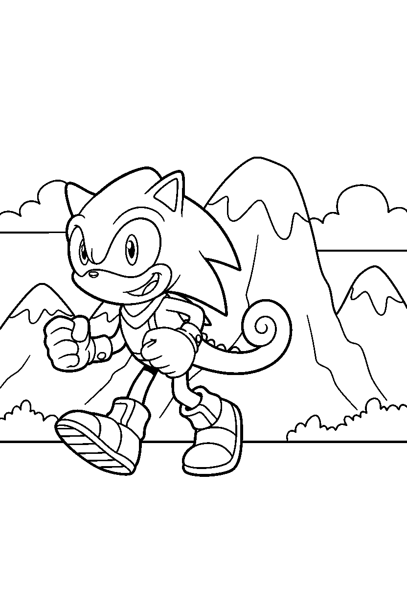 espio the chameleon from sonic the hedgehog series walking happily near a mountain line art
