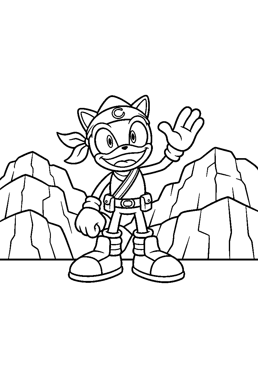 espio the chameleon from sonic the hedgehog series waving happily near colorful rock hills line art
