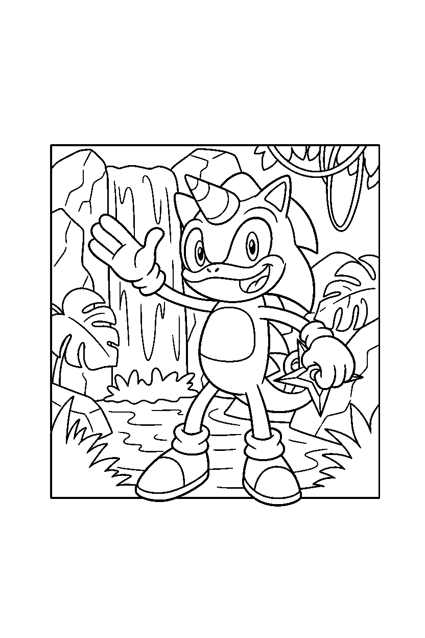 espio the chameleon from sonic the hedgehog series waving happily near jungle waterfalls line art