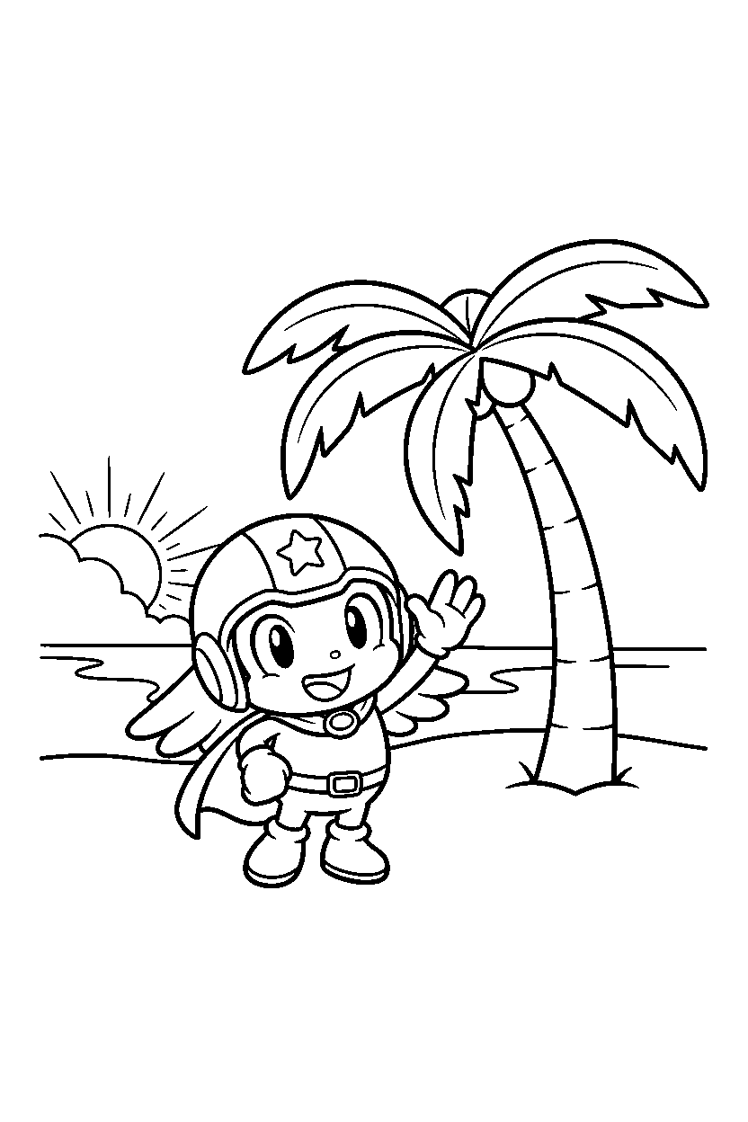 hero chao from sonic waving happily near a palm tree line art