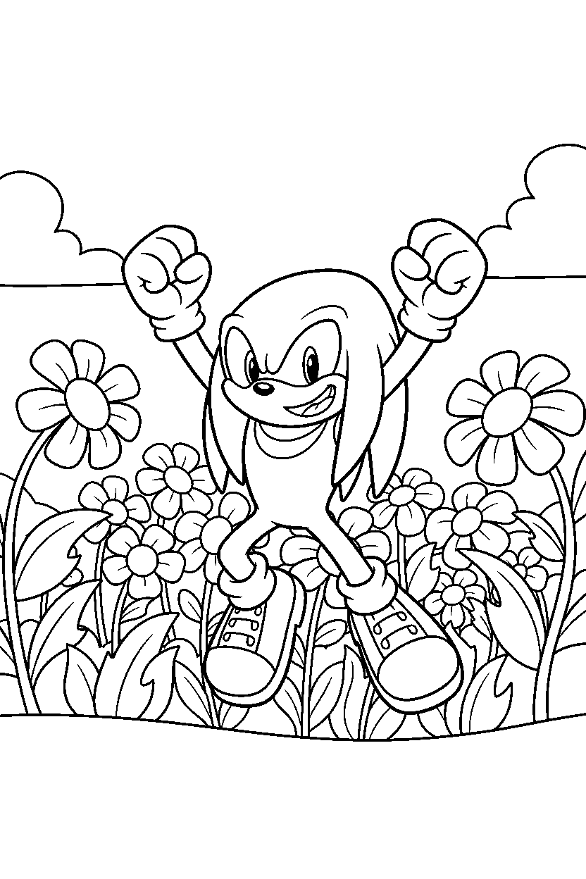 knuckles celebrating happily in a flower field line art