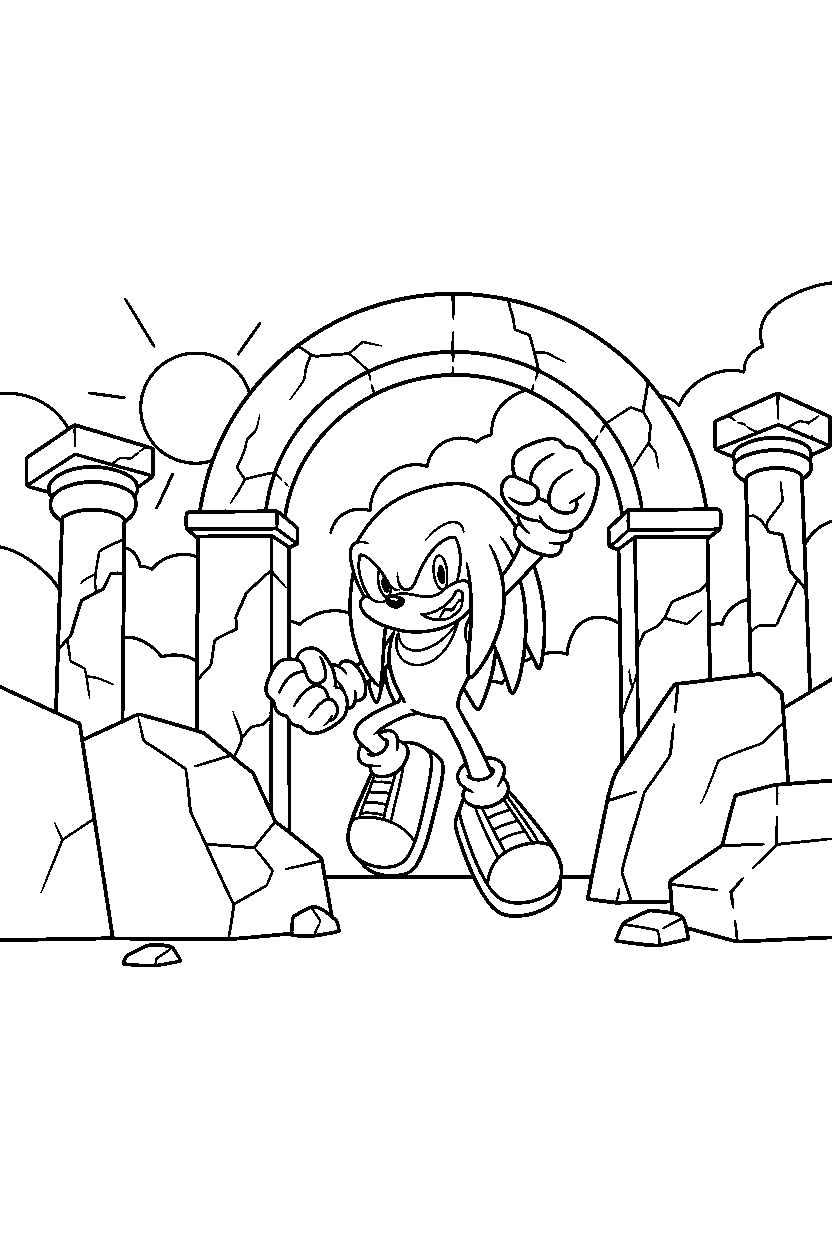 knuckles celebrating victory near ancient ruins line art