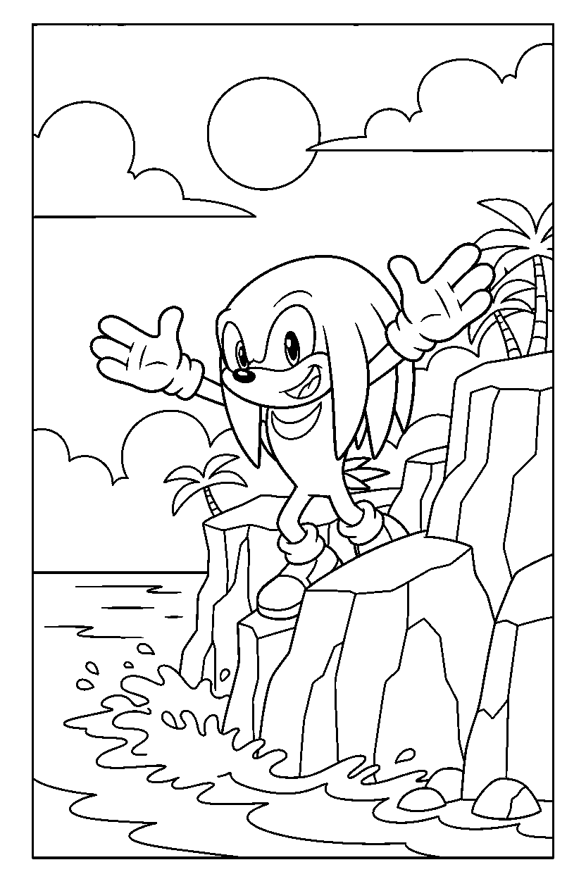 knuckles exploring happily near ocean cliffs line art