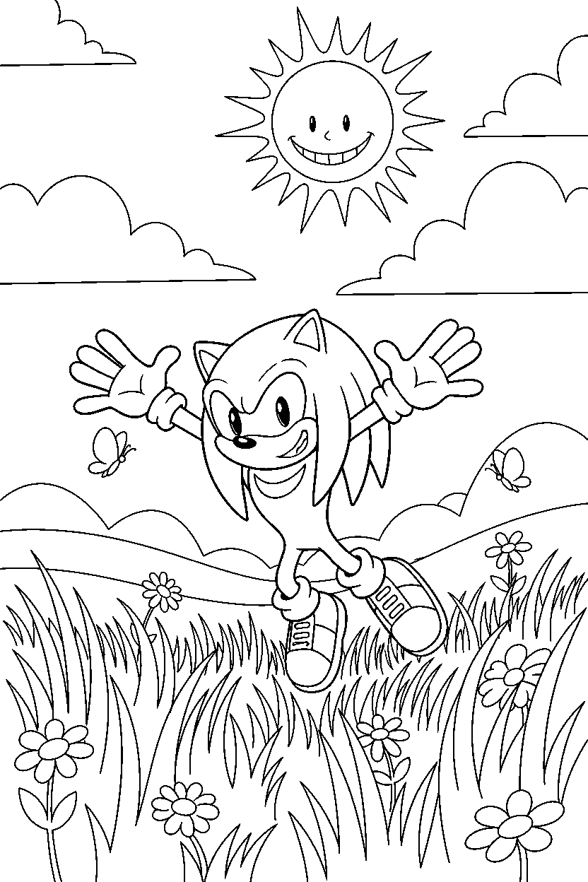 knuckles from sonic the hedgehog series exploring happily in a sunny meadow line art