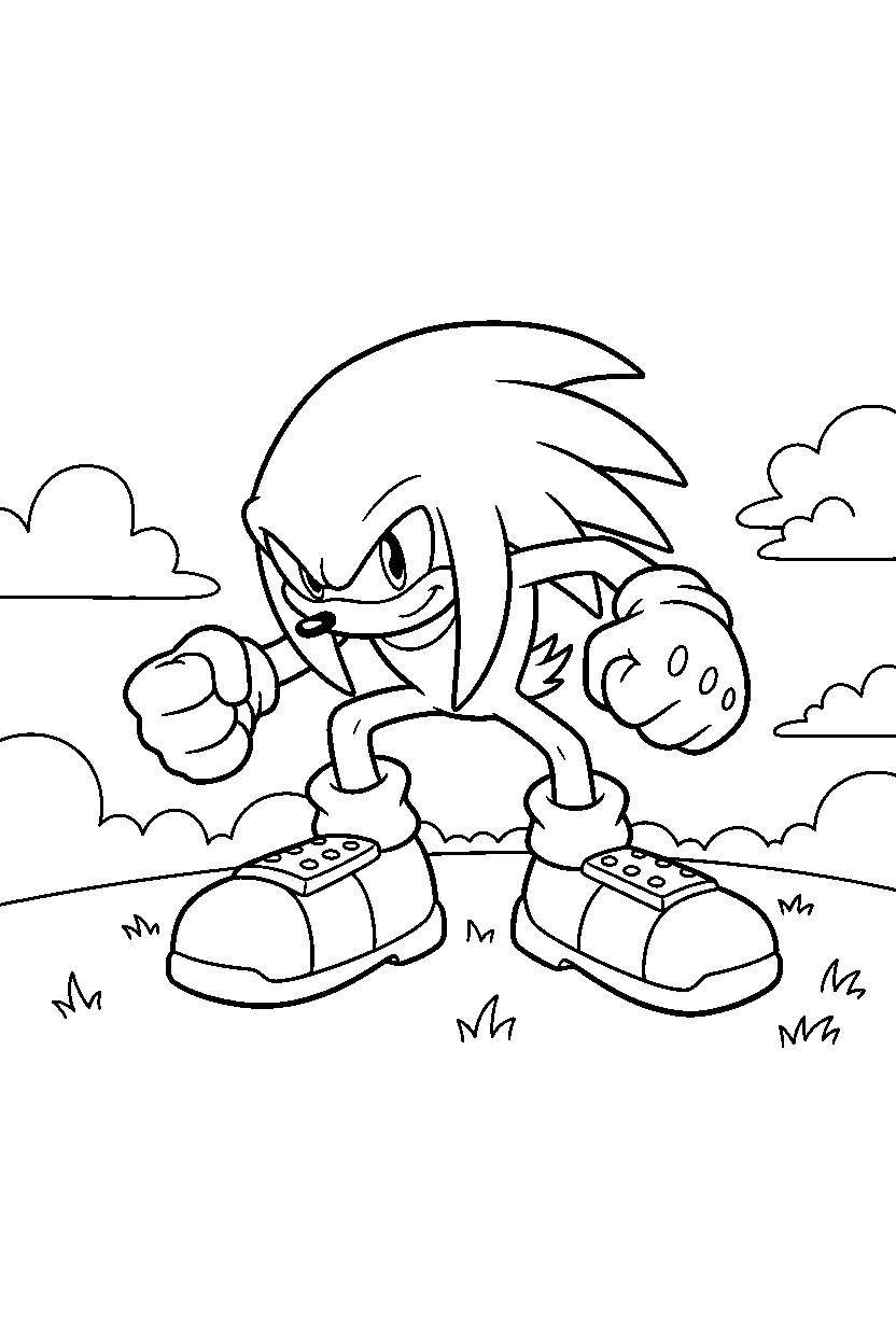 knuckles from sonic the hedgehog series getting ready to run in a green meadow line art