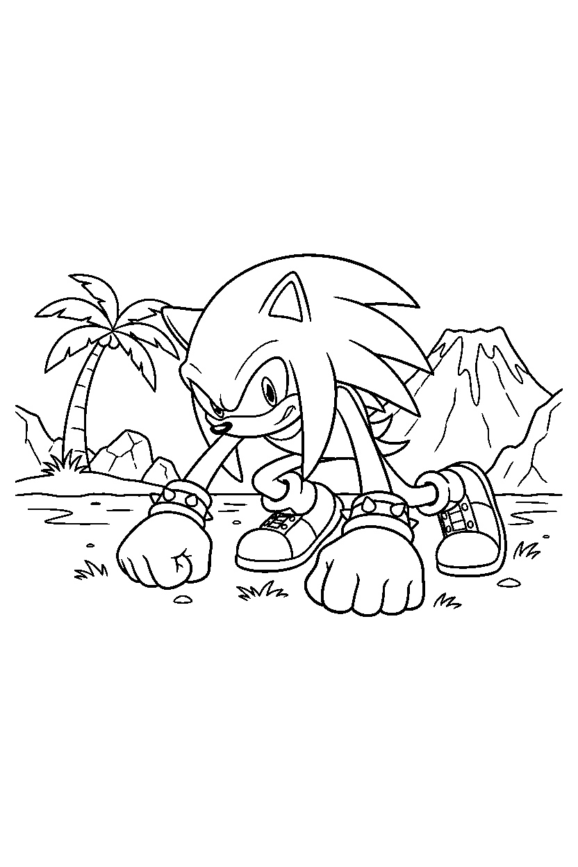 knuckles from sonic the hedgehog series getting ready to run on a bright island line art