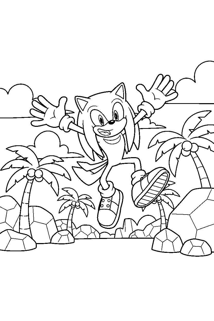 knuckles from sonic the hedgehog series jumping happily in a bright island zone line art