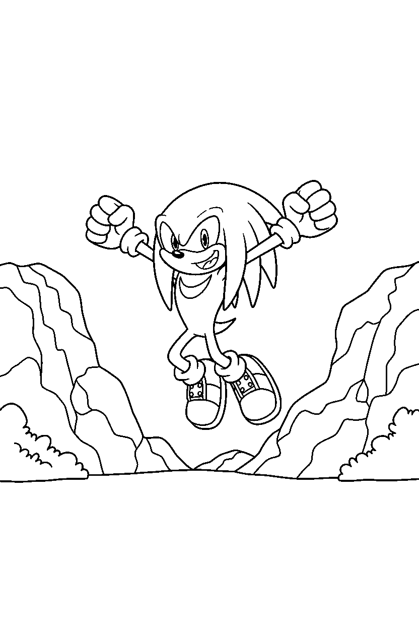 knuckles from sonic the hedgehog series jumping with joy near colorful rock hills line art