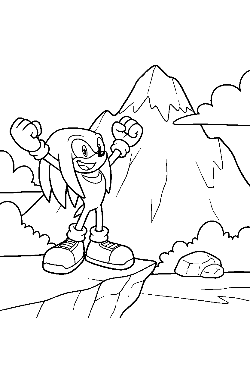 knuckles from sonic the hedgehog series looking excited near a mountain line art
