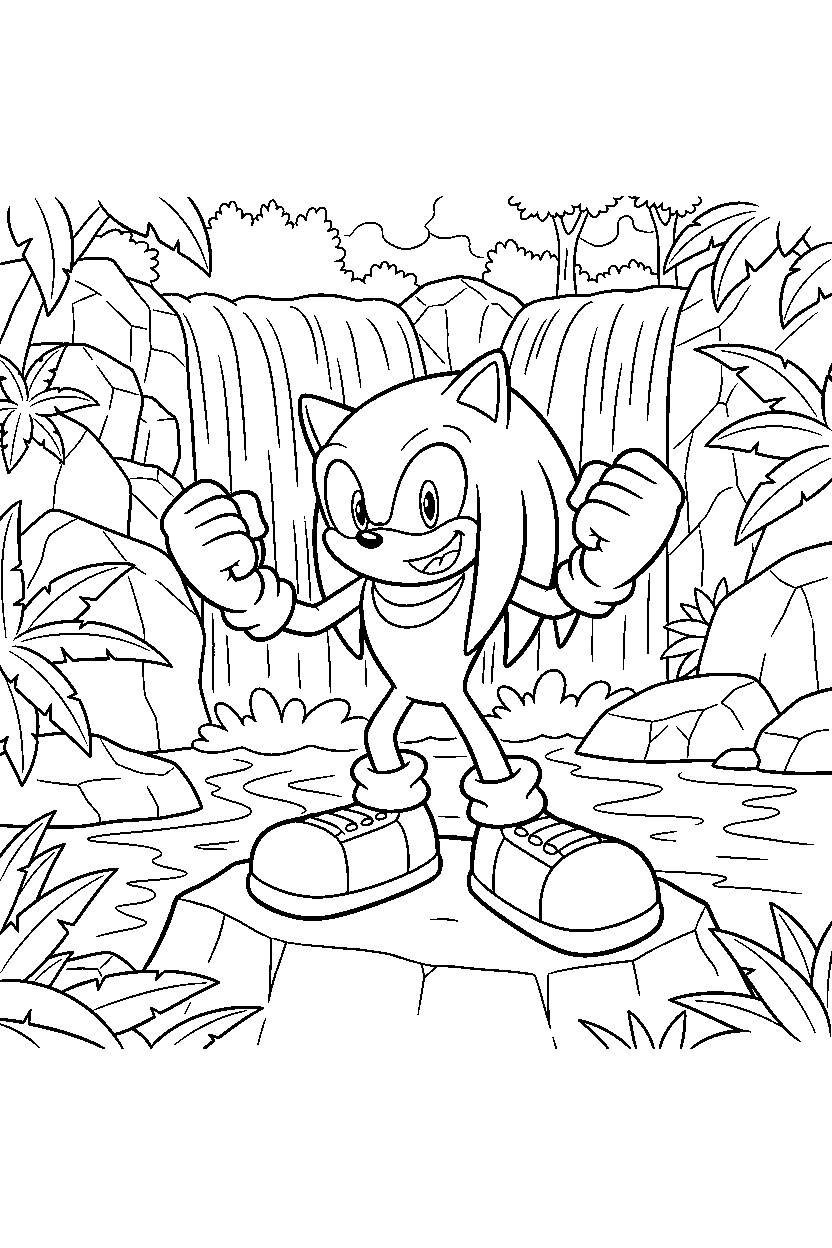 knuckles from sonic the hedgehog series looking excited near jungle waterfalls line art