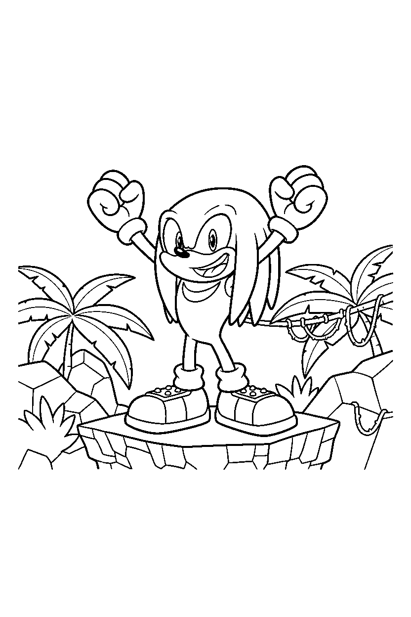 knuckles from sonic the hedgehog series looking excited on a jungle plateau line art