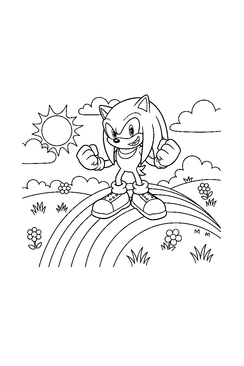 knuckles from sonic the hedgehog series looking happy on a rainbow hillside line art
