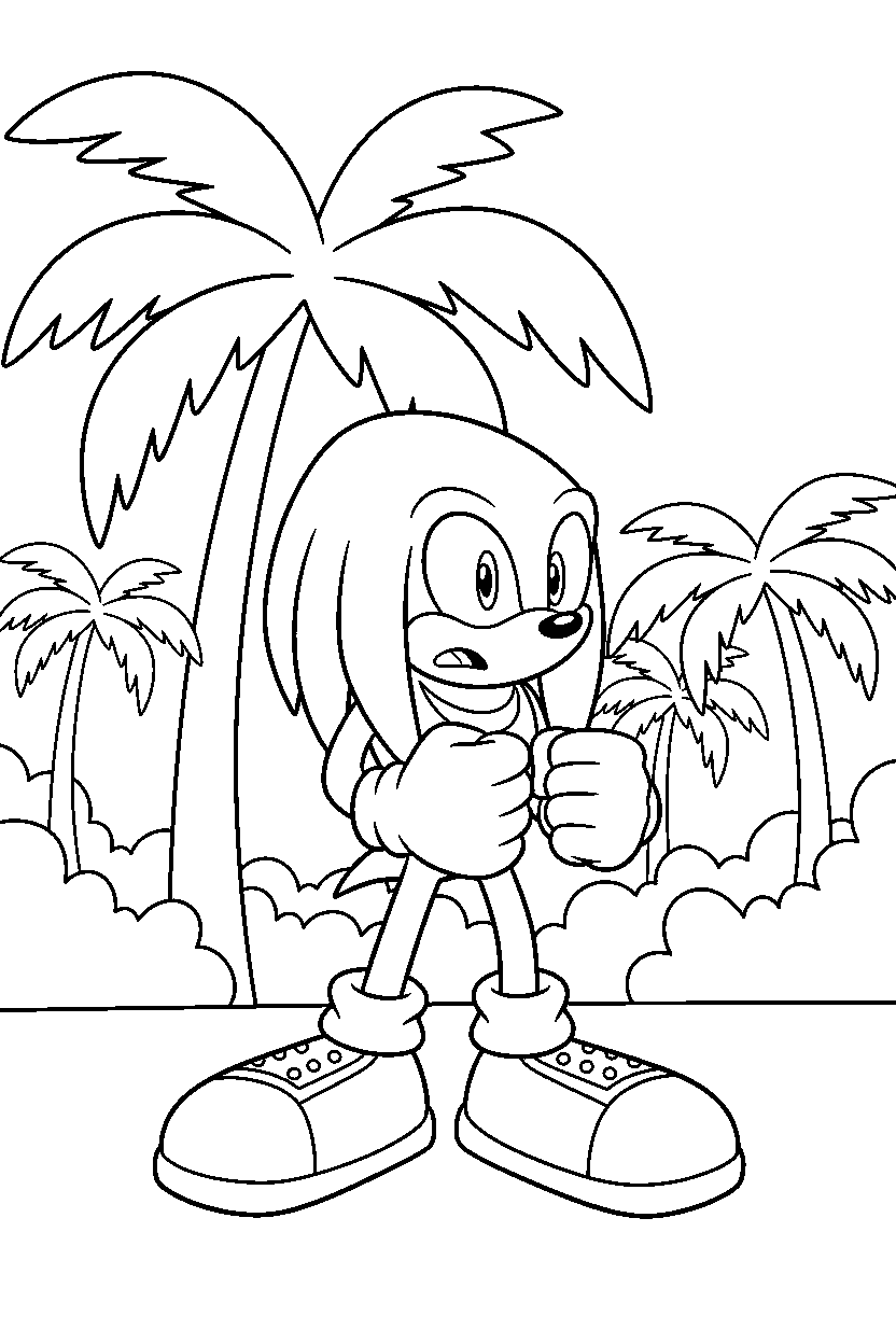 knuckles from sonic the hedgehog series looking surprised in a palm forest line art
