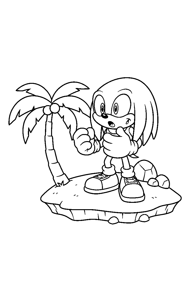 knuckles from sonic the hedgehog series looking surprised on a bright island line art