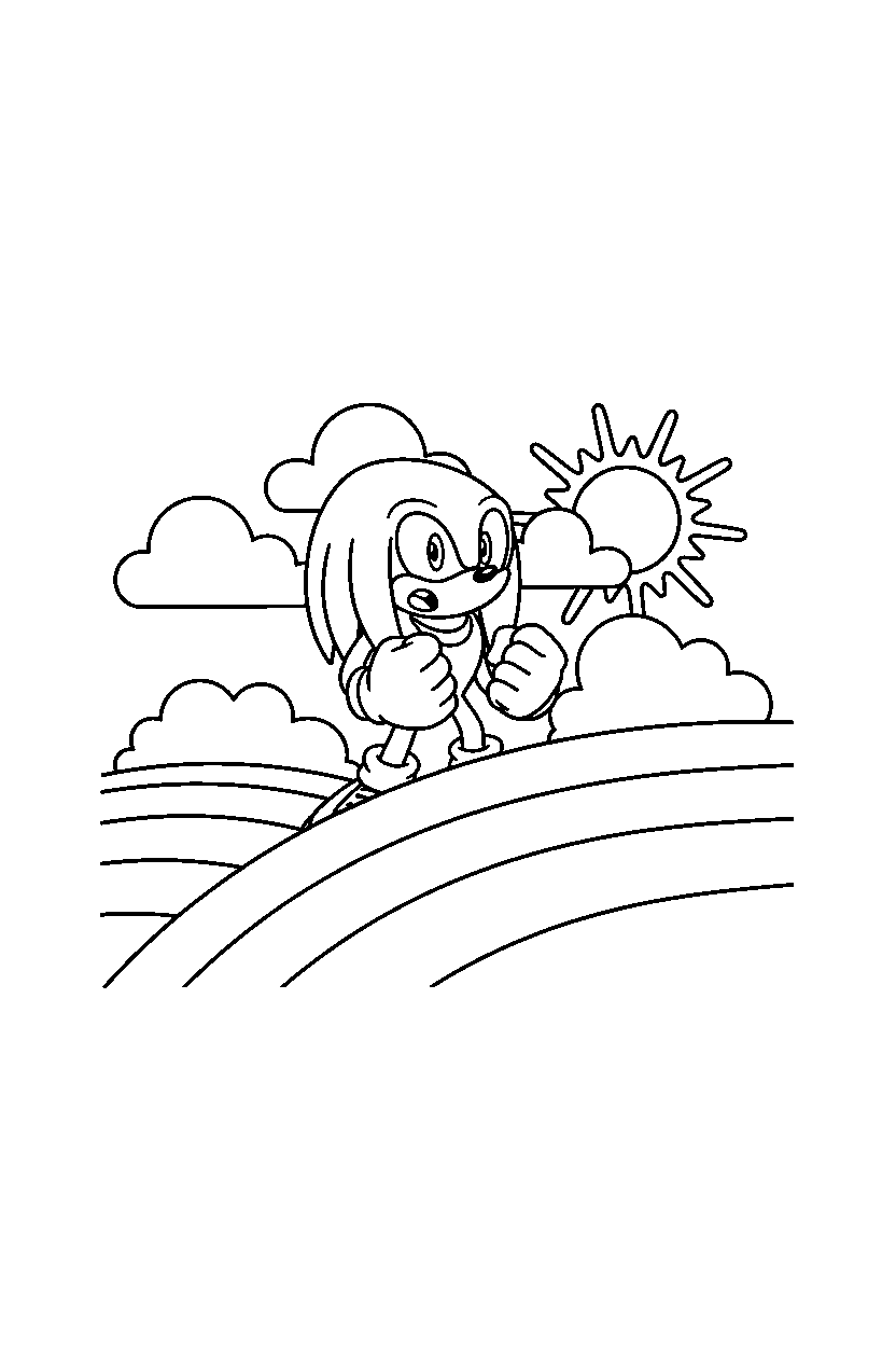 knuckles from sonic the hedgehog series looking surprised on a rainbow hillside line art