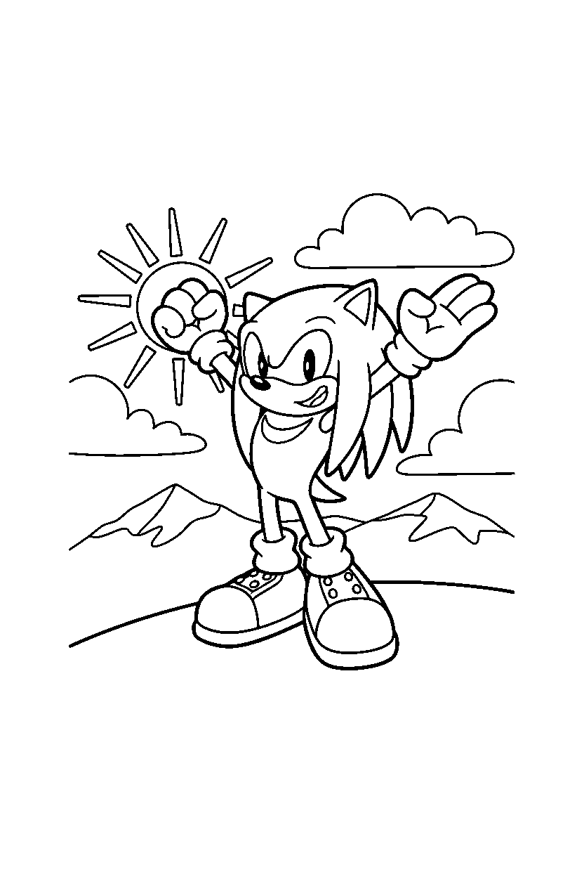 knuckles from sonic the hedgehog series posing happily on a sunny hill line art