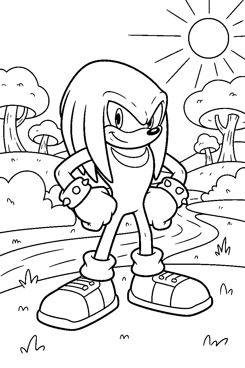 knuckles from sonic the hedgehog series posing proudly in a peaceful grassland line art