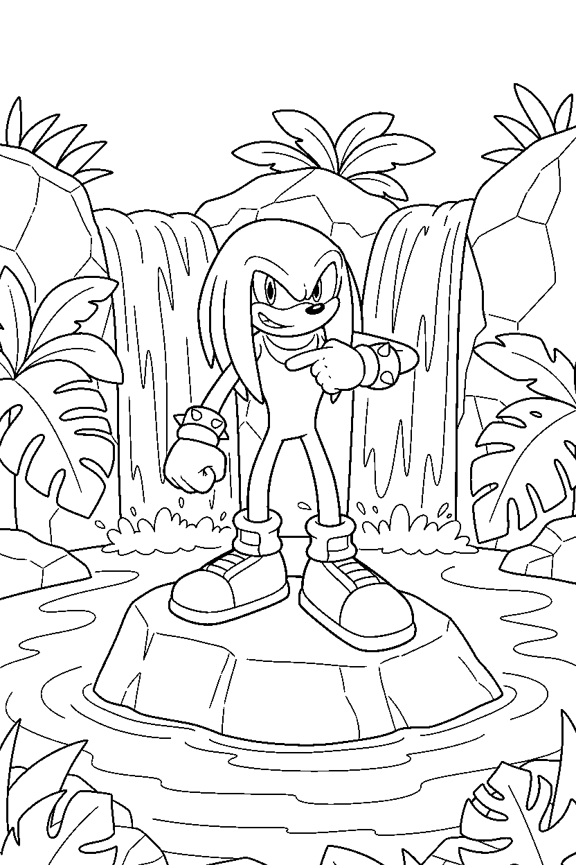knuckles from sonic the hedgehog series posing proudly near jungle waterfalls line art