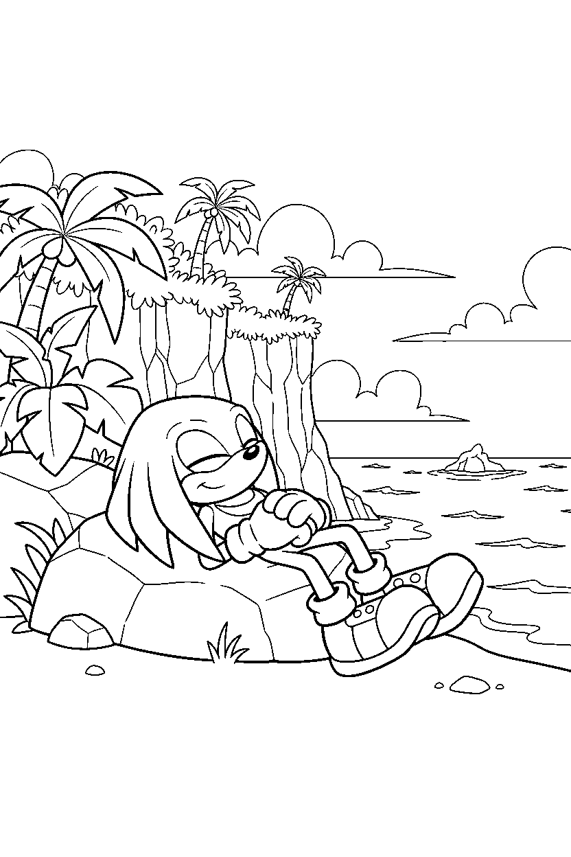 knuckles from sonic the hedgehog series relaxing peacefully near tropical cliffs line art