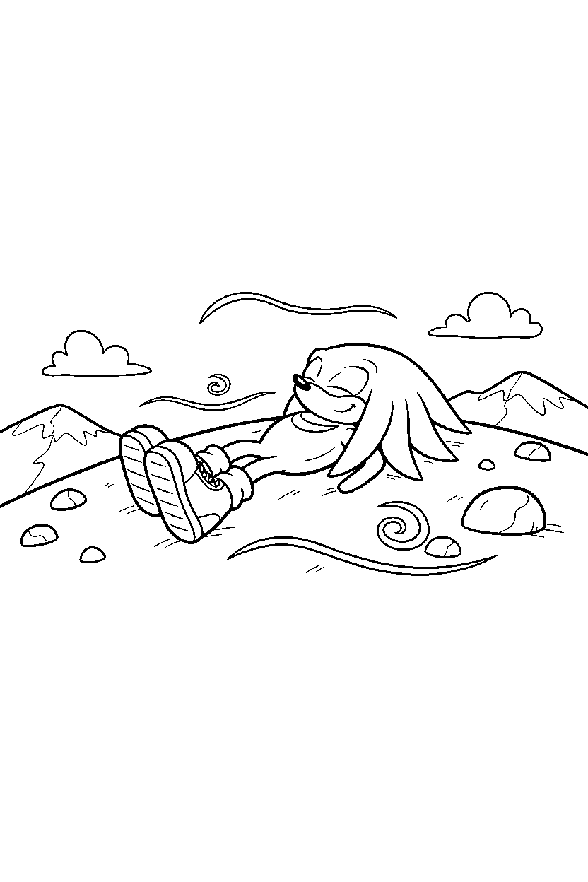 knuckles from sonic the hedgehog series relaxing peacefully on a windy plateau line art