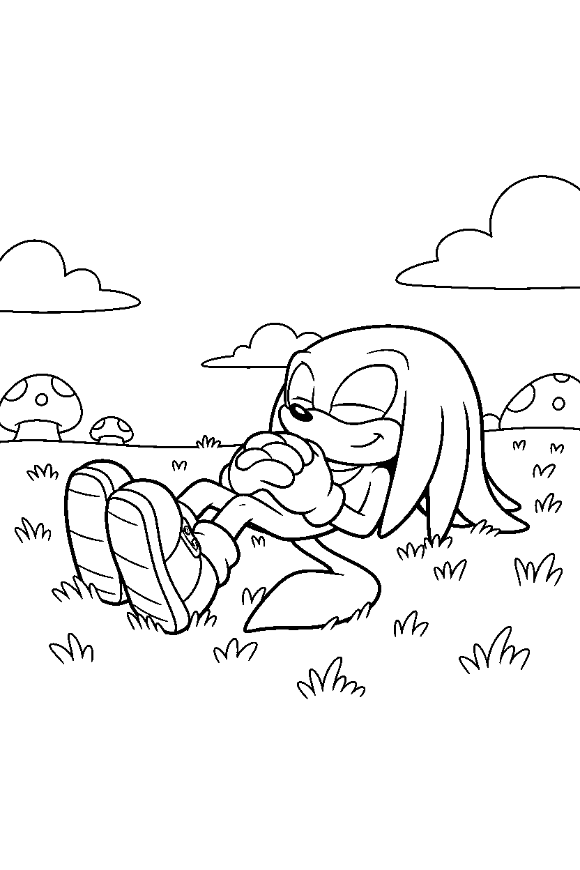 knuckles from sonic the hedgehog series resting peacefully in a bright grass zone line art