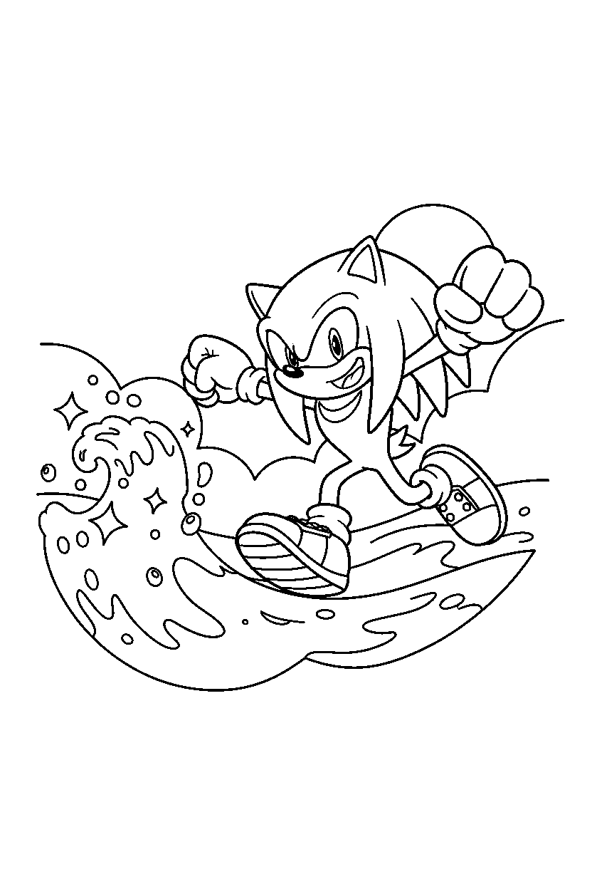 knuckles from sonic the hedgehog series running happily near sparkling water line art