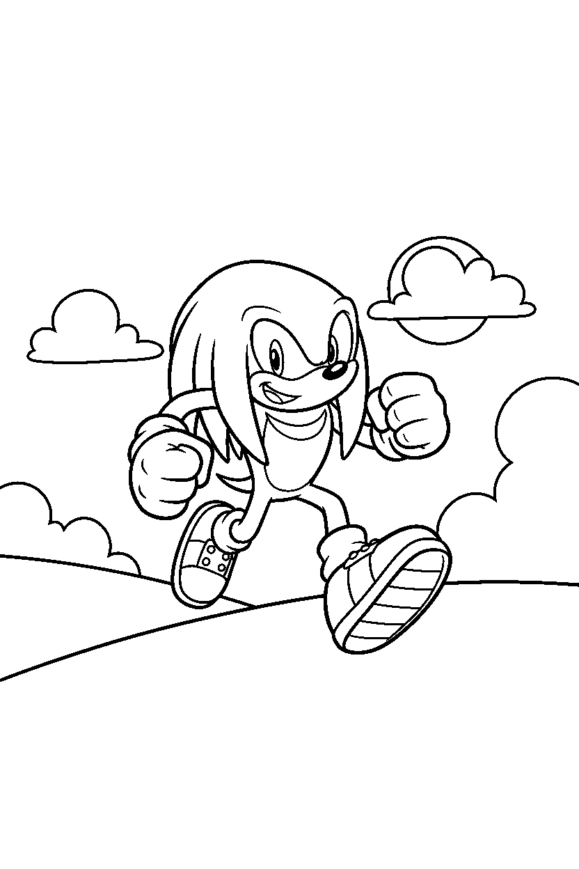 knuckles from sonic the hedgehog series running happily on a bright hillside line art