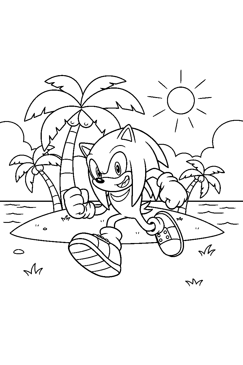 knuckles from sonic the hedgehog series running happily on a peaceful island line art