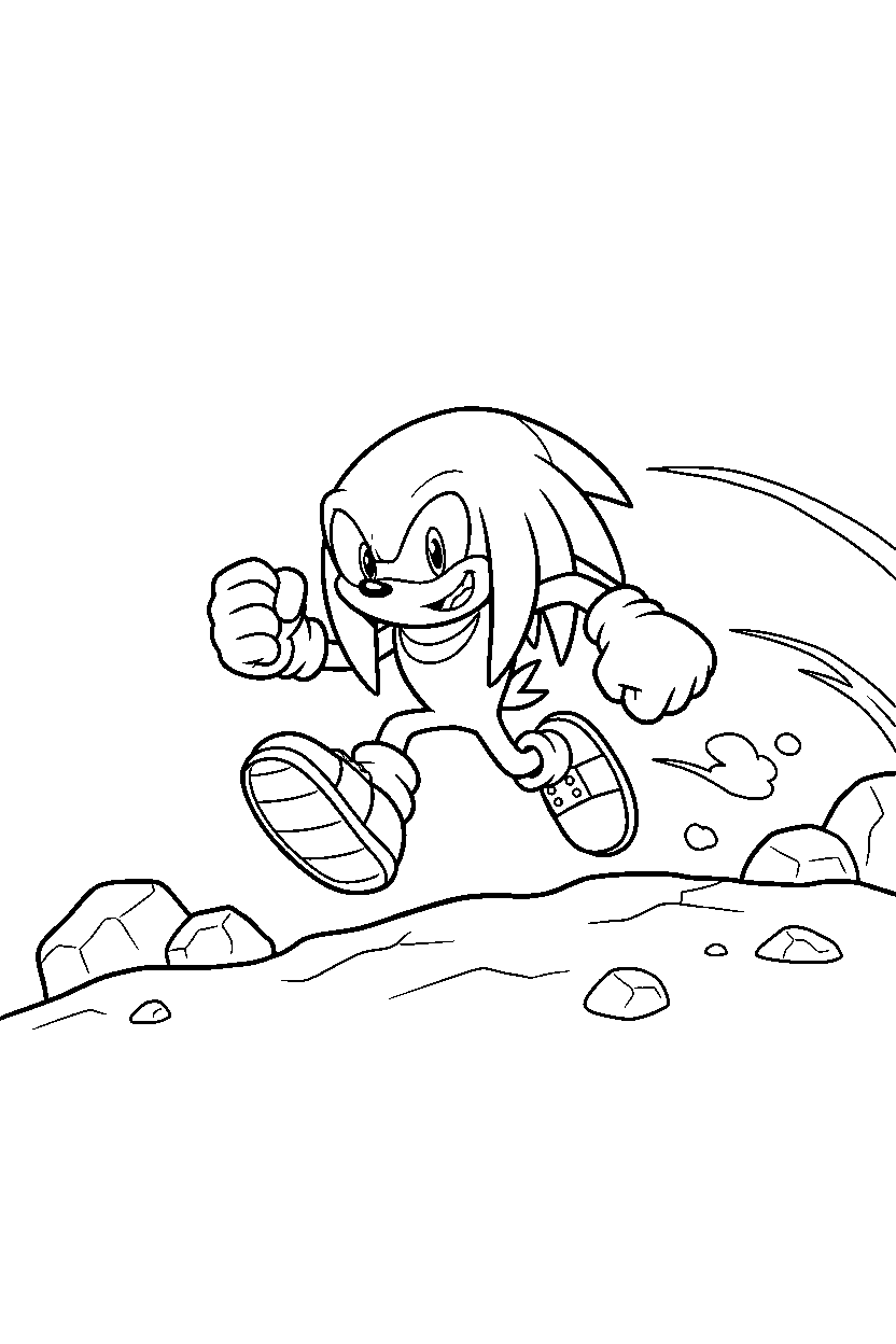 knuckles from sonic the hedgehog series running happily on a rocky hill line art