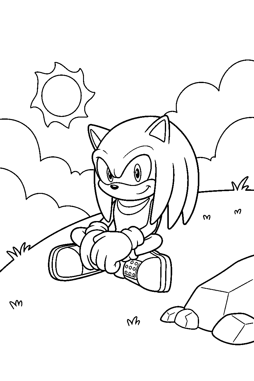 knuckles from sonic the hedgehog series sitting peacefully on a bright hillside line art