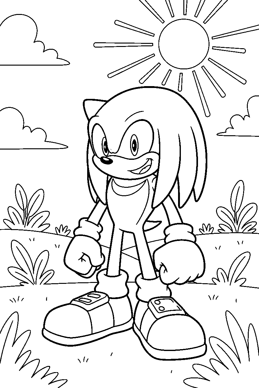 knuckles from sonic the hedgehog series smiling happily in a green meadow line art