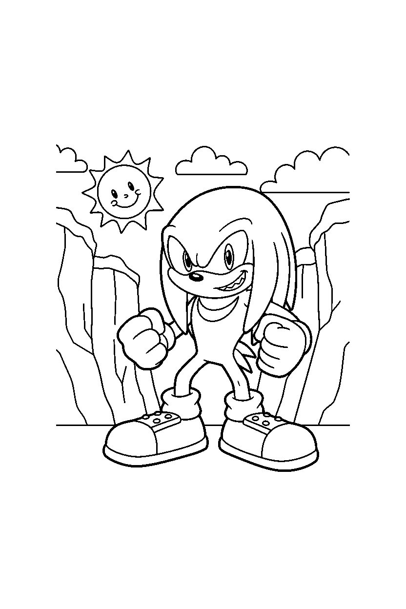 knuckles from sonic the hedgehog series smiling happily near sunny cliffs line art