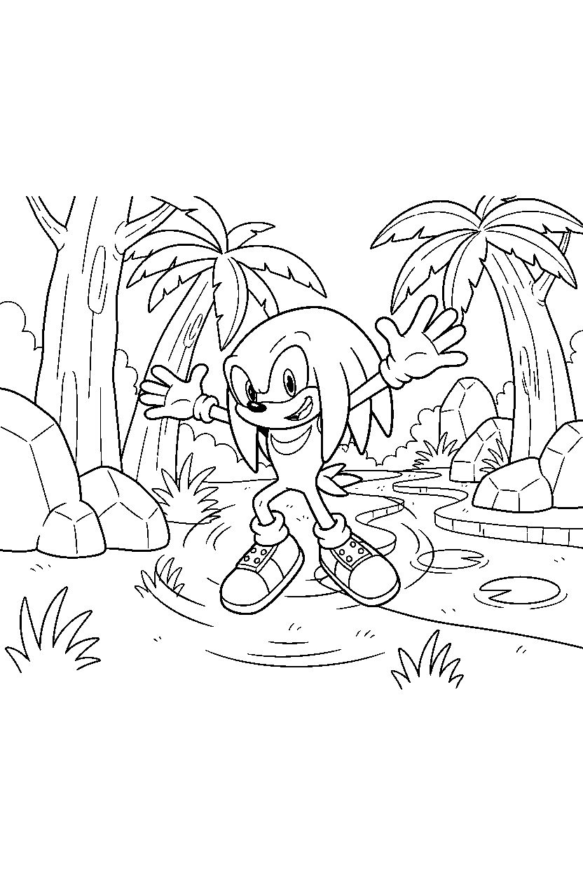 knuckles from sonic the hedgehog series spinning happily in a jungle valley line art