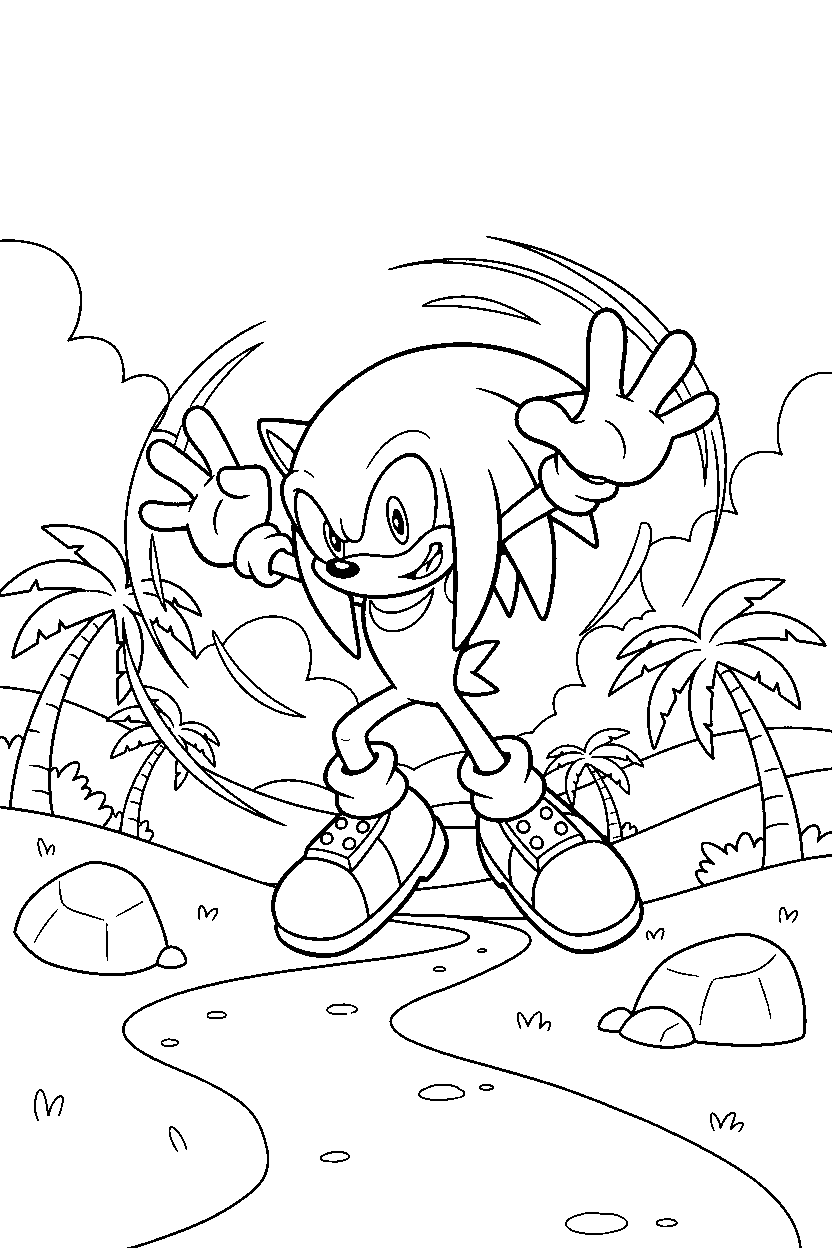 knuckles from sonic the hedgehog series spinning happily in a palm valley line art
